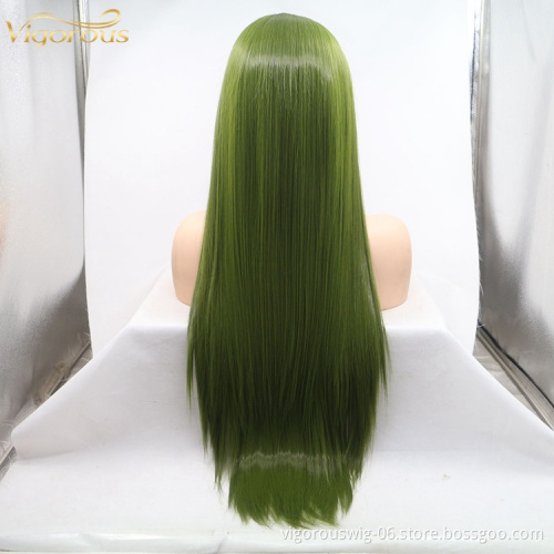 Vigorous mono long green premium high quality straight wholesale black women synthetic hair wigs with lace front